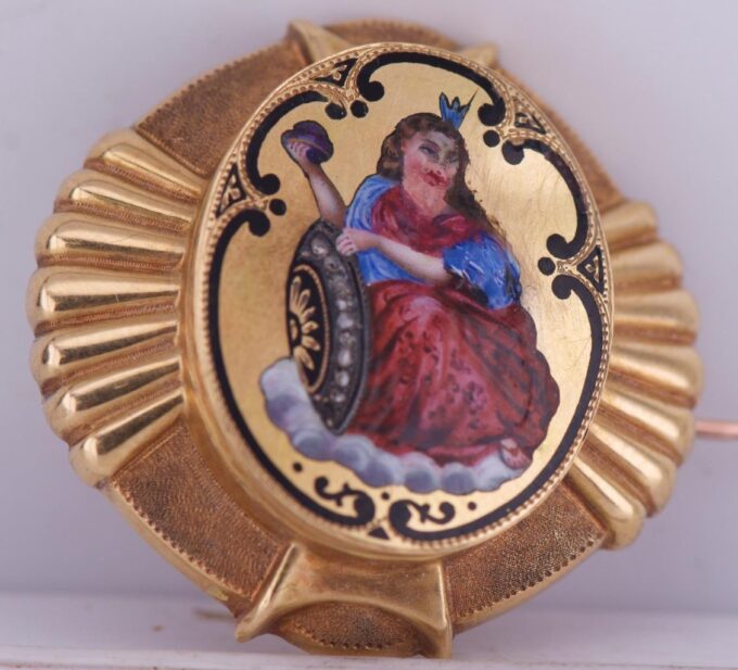 Antique Empire Locket Brooch 18k Gold Diamond Painted Enamel-Nurse Watch Holder