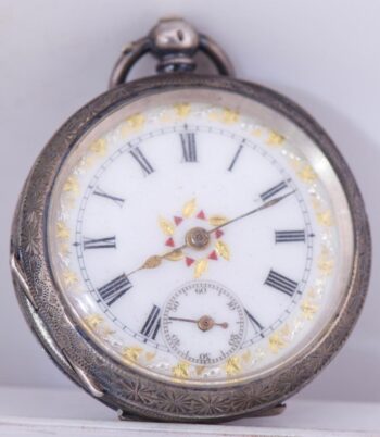 Antique Empire Era Ladies Silver Engraved Pocket Watch Fancy Enamel Dial c1880's