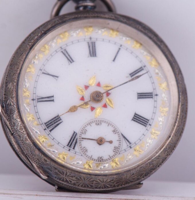Antique Empire Era Ladies Silver Engraved Pocket Watch Fancy Enamel Dial c1880's