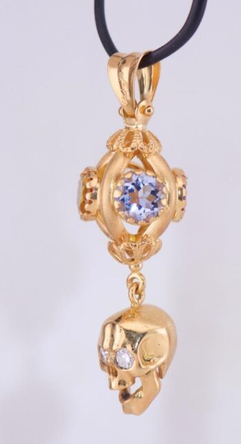 Antique Victorian Skull Charm Pendant Fob 8k Solid Gold Diamonds Tourmalines