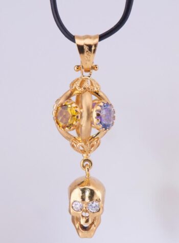 Antique Victorian Skull Charm Pendant Fob 8k Solid Gold Diamonds Tourmalines