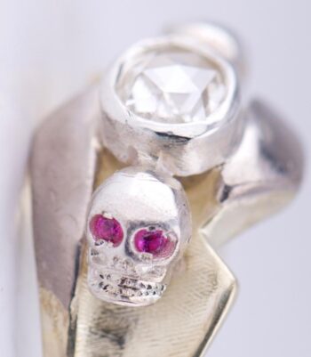 Antique Victorian 14k Gold 1ct Diamond Ring Memento Mori Skull c1900s-10 grams