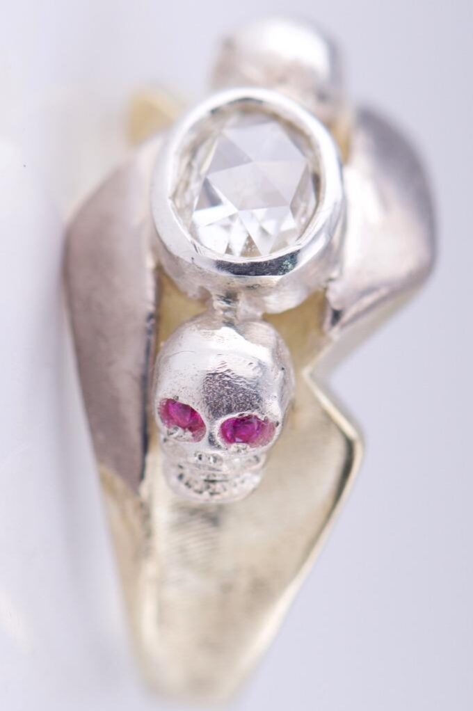 Antique Victorian 14k Gold 1ct Diamond Ring Memento Mori Skull c1900s-10 grams