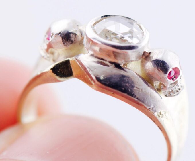 Antique Victorian 14k Gold 1ct Diamond Ring Memento Mori Skull c1900s-10 grams