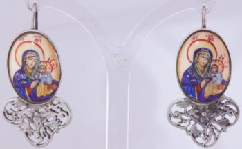 Antique Empire Earrings Set Silver and Hand Painted Enamel Icon by P.Ovchinnikov