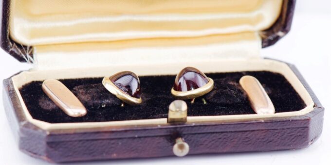 Antique Empire Faberge Jewelled 14k Gold Cufflinks Set Cabochon Garnets c1890's