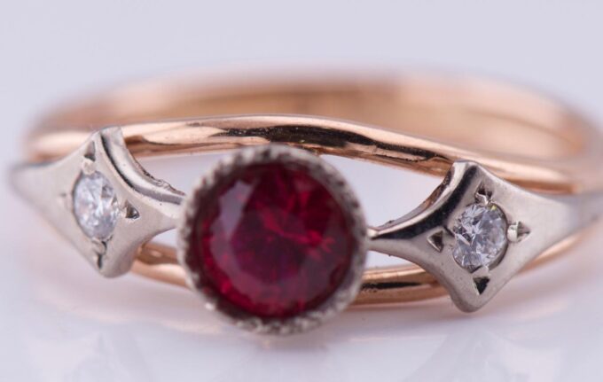 Antique Art-Deco Ring 14k Gold Diamonds and Ruby c1930's / Size 9.5 / 4.66 grams