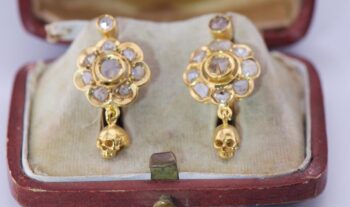 Antique Victorian Earrings Set Memento Mori Skull 14k Gold 1ct Diamond Boxed