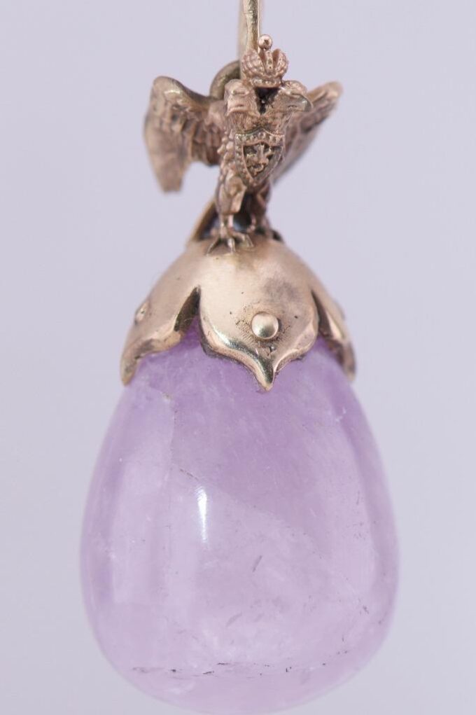 Antique FABERGE Easter Egg Pendant 14 Gold and Hand Carved Pink Quartz c1890