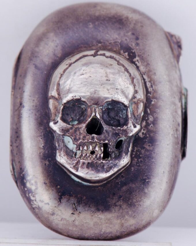 Antique Victorian Silver Medicine Poison Pill Box Skull Memento Mori c1880's