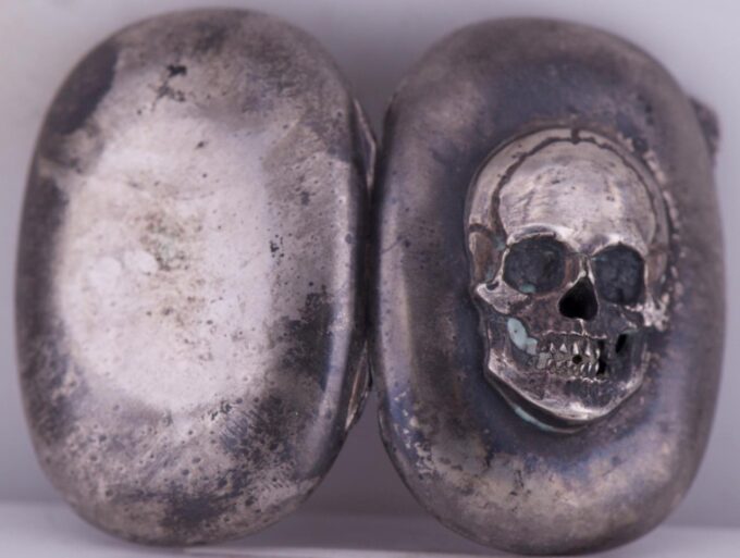 Antique Victorian Silver Medicine Poison Pill Box Skull Memento Mori c1880's