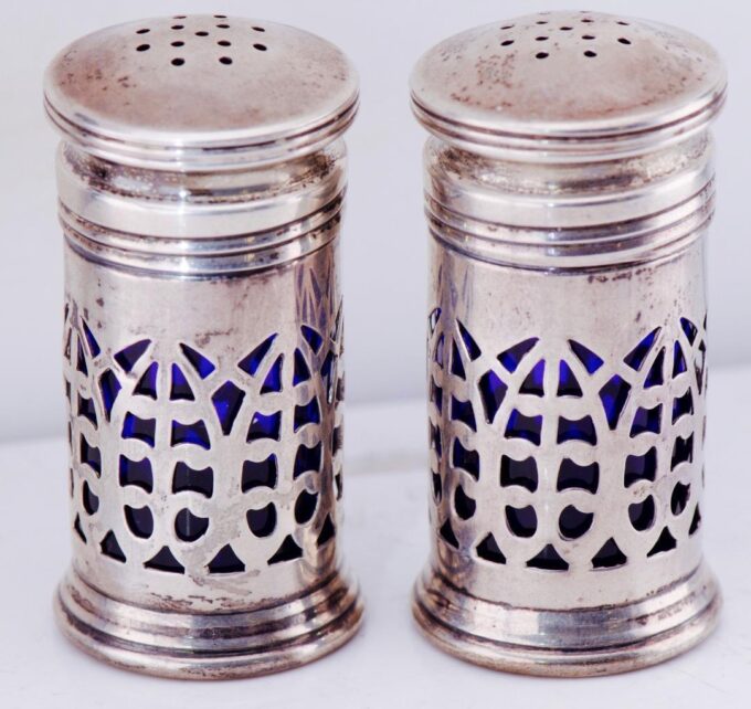 Antique Faberge Silver Cobalt Blue Crystal Pair Salt and Pepper Set c1900's