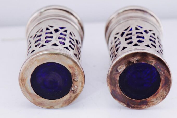 Antique Faberge Silver Cobalt Blue Crystal Pair Salt and Pepper Set c1900's