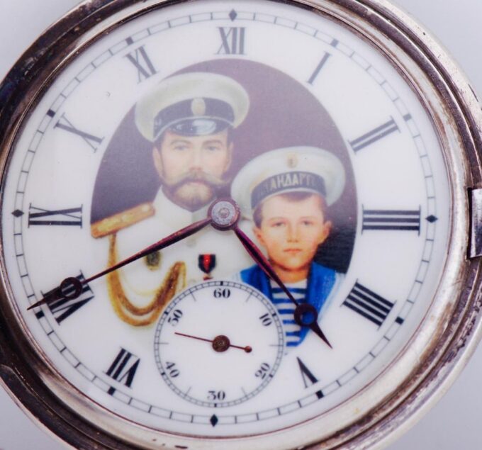 Antique Imperial "Silvana" Pocket Watch Silver Niello Tsar Nicholas II on Dial