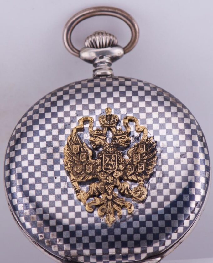 Antique Imperial "Silvana" Pocket Watch Silver Niello Tsar Nicholas II on Dial