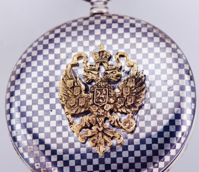 Antique Imperial "Silvana" Pocket Watch Silver Niello Tsar Nicholas II on Dial