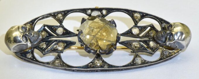 Antique Victorian Brooch Memento Mori Skulls Gold Silver-2ct Central Diamond