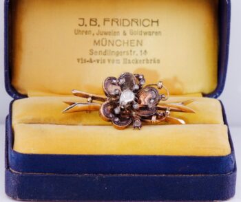 Antique Victorian Flower Brooch 14k Gold and 1.2ct Diamond 1880's Boxed