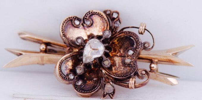 Antique Victorian Flower Brooch 14k Gold and 1.2ct Diamond 1880's Boxed