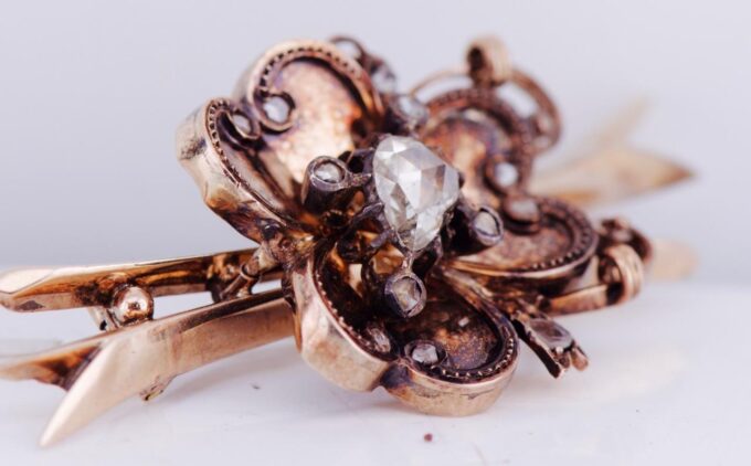 Antique Victorian Flower Brooch 14k Gold and 1.2ct Diamond 1880's Boxed