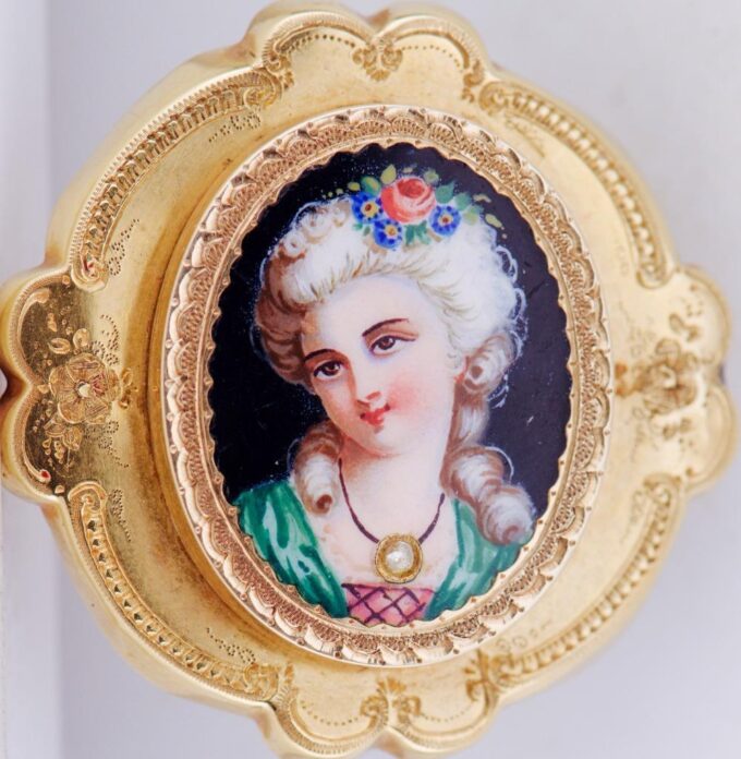 Antique Victorian Ornate Brooch 18k Gold Hand Painted Enamel and Diamond c1870's