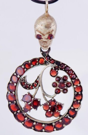 Antique Victorian Gilt Silver Garnets Skull Pendant Memento Mori Fob c1870's