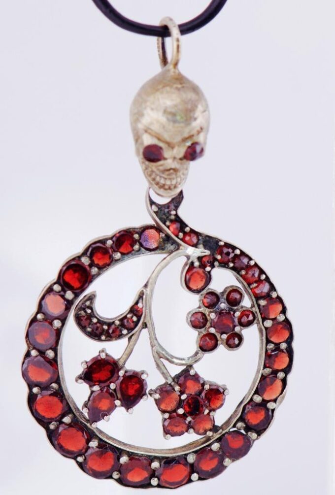 Antique Victorian Gilt Silver Garnets Skull Pendant Memento Mori Fob c1870's