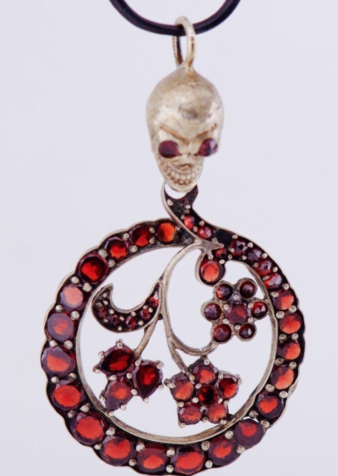 Antique Victorian Gilt Silver Garnets Skull Pendant Memento Mori Fob c1870's