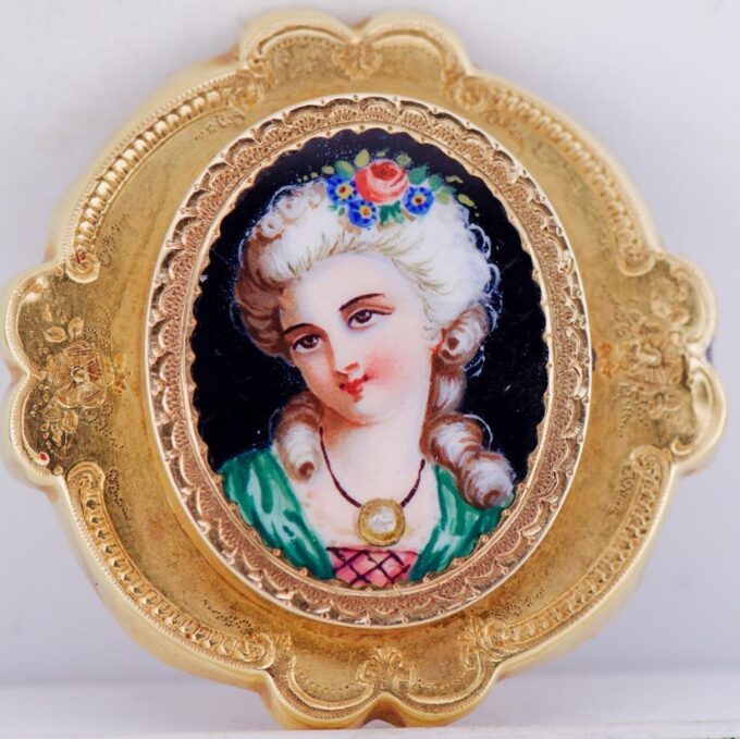 Antique Victorian Ornate Brooch 18k Gold Hand Painted Enamel and Diamond c1870's