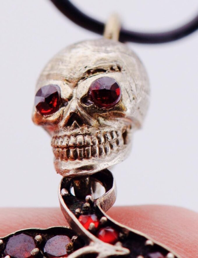 Antique Victorian Gilt Silver Garnets Skull Pendant Memento Mori Fob c1870's