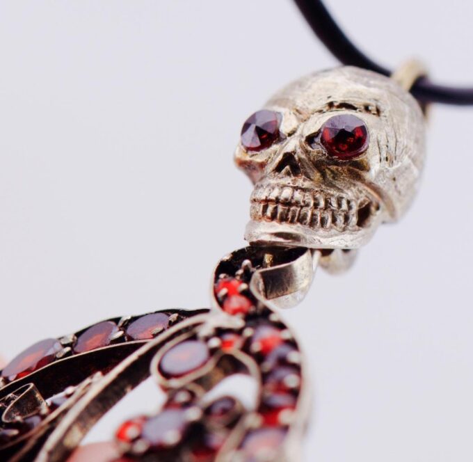 Antique Victorian Gilt Silver Garnets Skull Pendant Memento Mori Fob c1870's