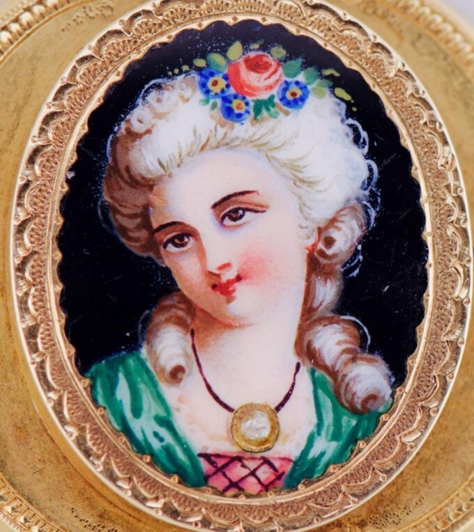 Antique Victorian Ornate Brooch 18k Gold Hand Painted Enamel and Diamond c1870's