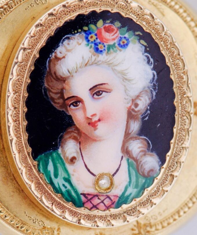 Antique Victorian Ornate Brooch 18k Gold Hand Painted Enamel and Diamond c1870's