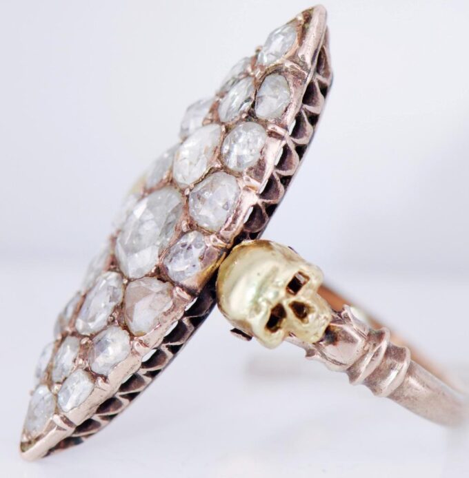 Antique Victorian 14k Gold 2.5ct Diamond Ladies Ring Memento Mori Skull c1880's