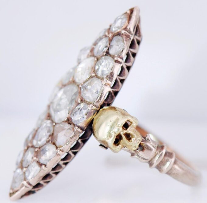 Antique Victorian 14k Gold 2.5ct Diamond Ladies Ring Memento Mori Skull c1880's