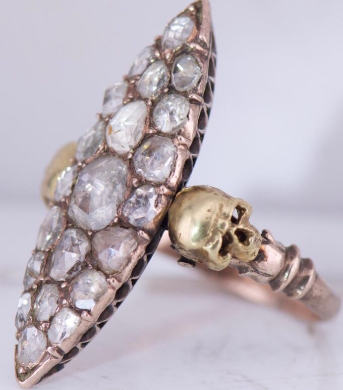 Antique Victorian 14k Gold 2.5ct Diamond Ladies Ring Memento Mori Skull c1880's