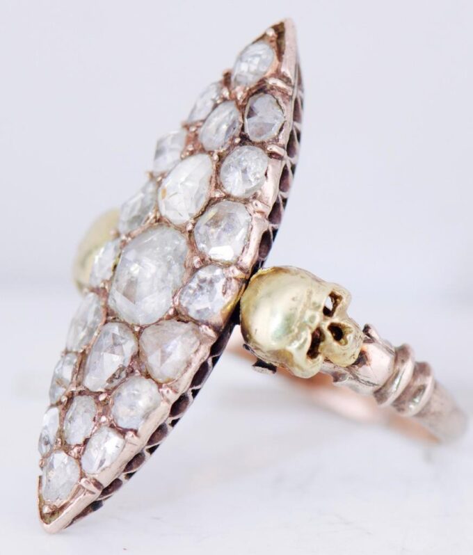 Antique Victorian 14k Gold 2.5ct Diamond Ladies Ring Memento Mori Skull c1880's