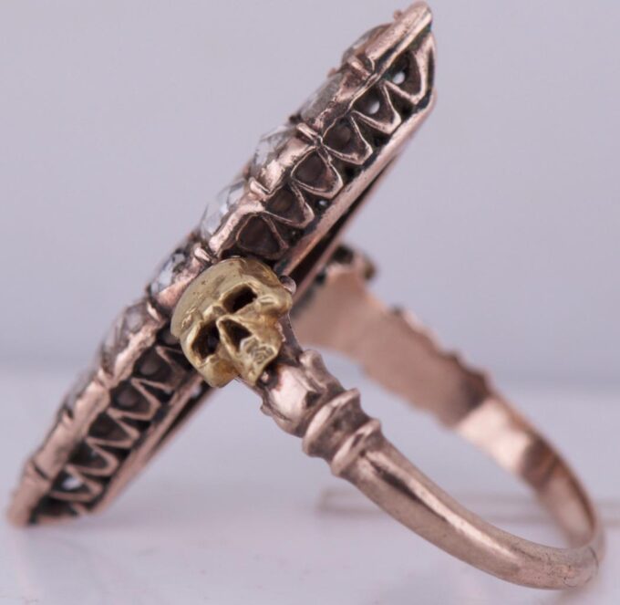 Antique Victorian 14k Gold 2.5ct Diamond Ladies Ring Memento Mori Skull c1880's