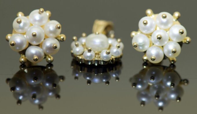 Antique Victorian Earrings and Pendant Set 14k Gold and Natural Sea Pearls Box