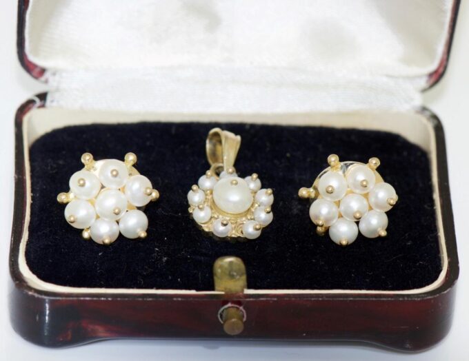 Antique Victorian Earrings and Pendant Set 14k Gold and Natural Sea Pearls Box