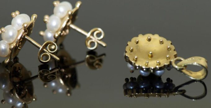 Antique Victorian Earrings and Pendant Set 14k Gold and Natural Sea Pearls Box