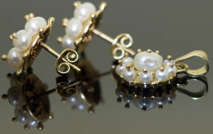 Antique Victorian Earrings and Pendant Set 14k Gold and Natural Sea Pearls Box