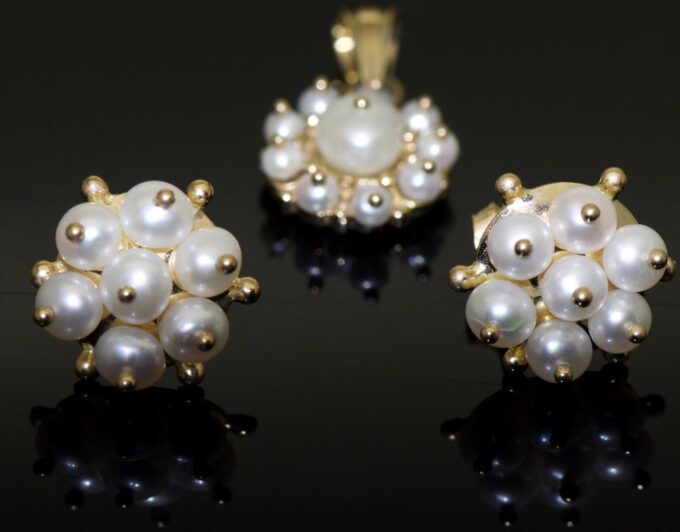 Antique Victorian Earrings and Pendant Set 14k Gold and Natural Sea Pearls Box