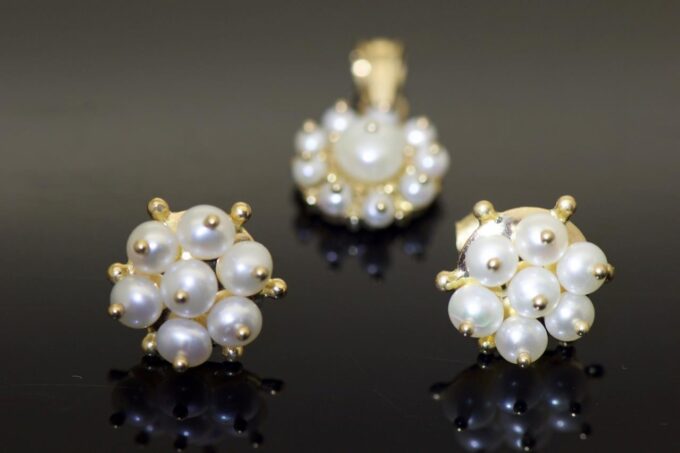 Antique Victorian Earrings and Pendant Set 14k Gold and Natural Sea Pearls Box