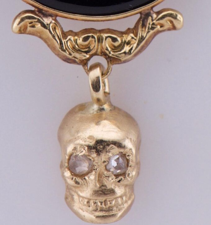 Antique Victorian Skull Ornate Necklace Memento Mori 18k Gold Diamonds Onyx