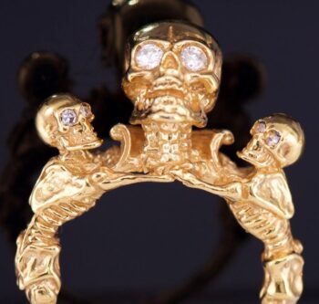 Antique Victorian Mens Ring 14k Gold Diamonds Memento Mori Skull Skeletons 17.6g