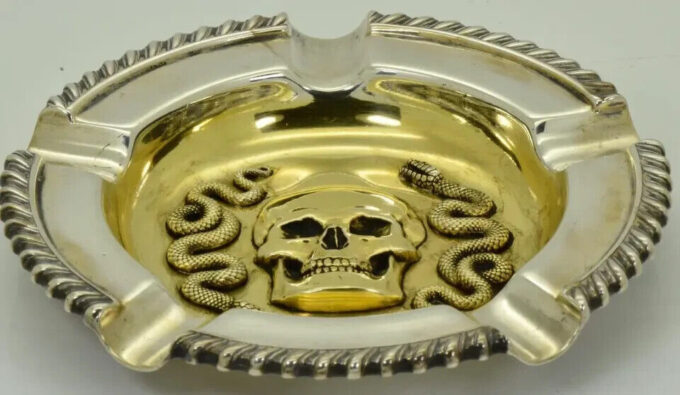 Antique English Ash Tray Sterling Silver Skull Snake Masonic Doctor Memento Mori