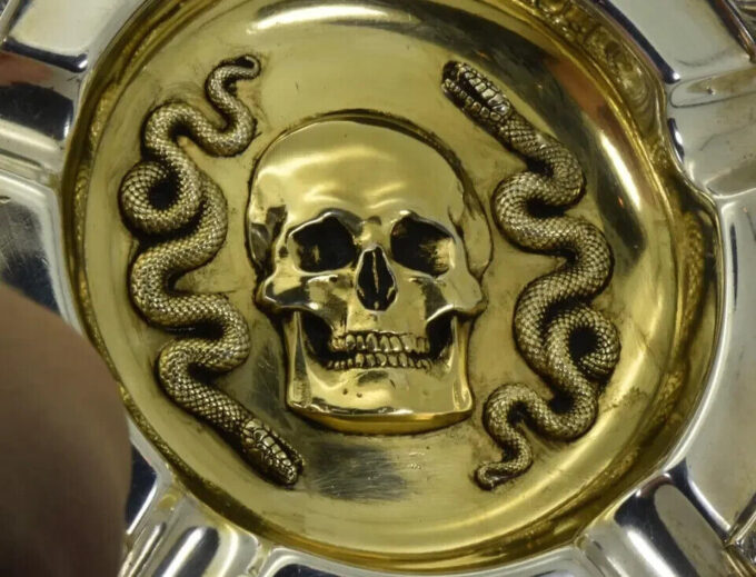 Antique English Ash Tray Sterling Silver Skull Snake Masonic Doctor Memento Mori