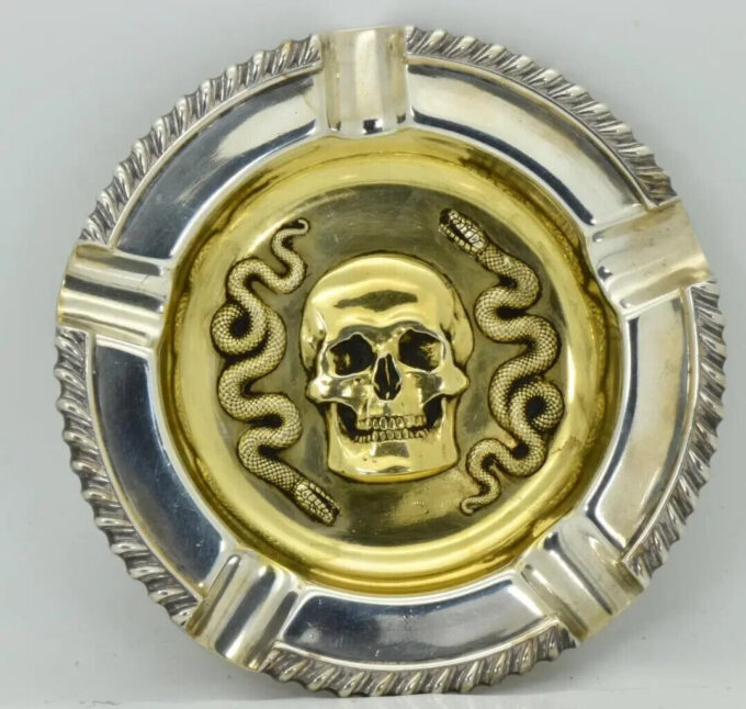 Antique English Ash Tray Sterling Silver Skull Snake Masonic Doctor Memento Mori