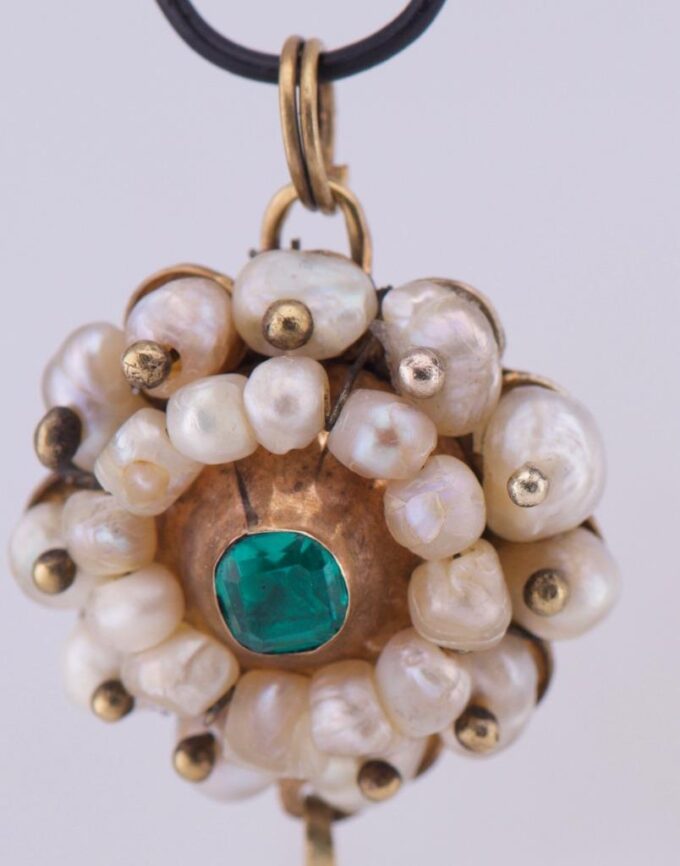 Antique Victorian 14K Gold Skull Pendant Natural Pearls Tourmaline Diamond c1850